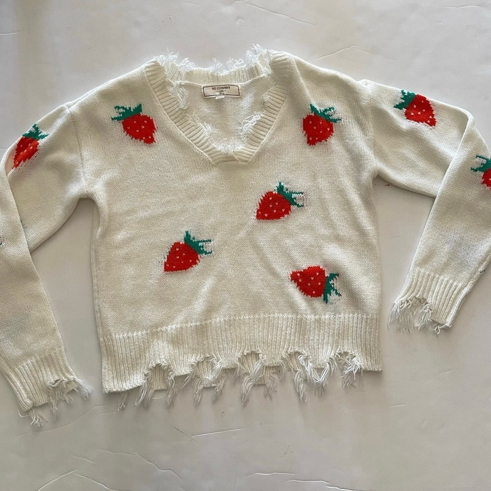 No Comment Girls White Strawberry Print Frayed Hem V-neck Sweater